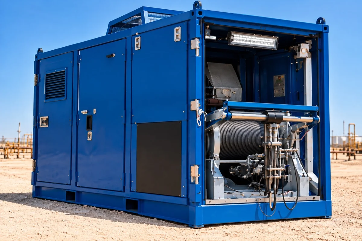 Blue enclosed Slickline Unit with visible wire drum